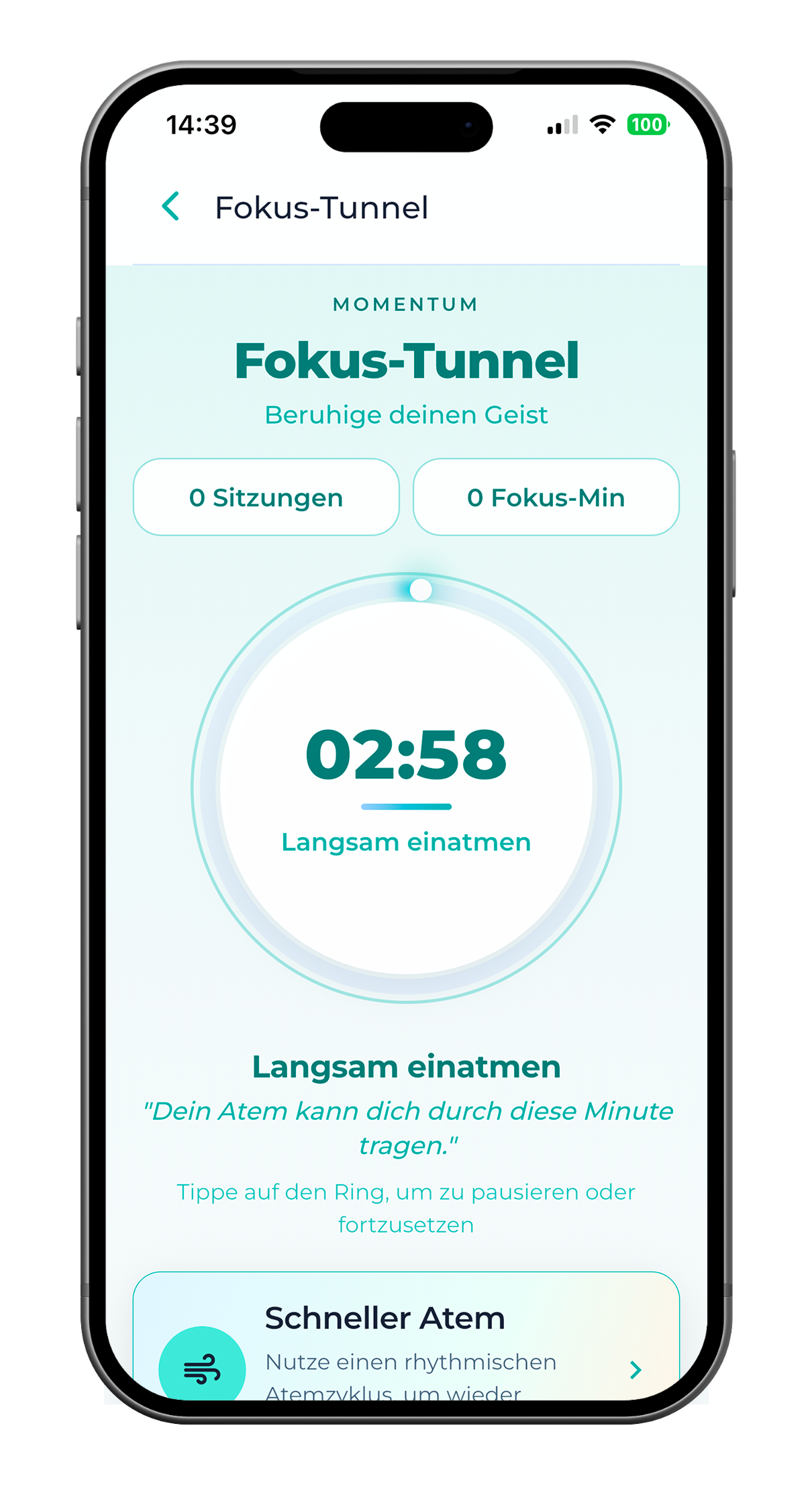 SoberX Fokus‑Tunnel mit Atem‑Timer und Sitzungsstatistik.
