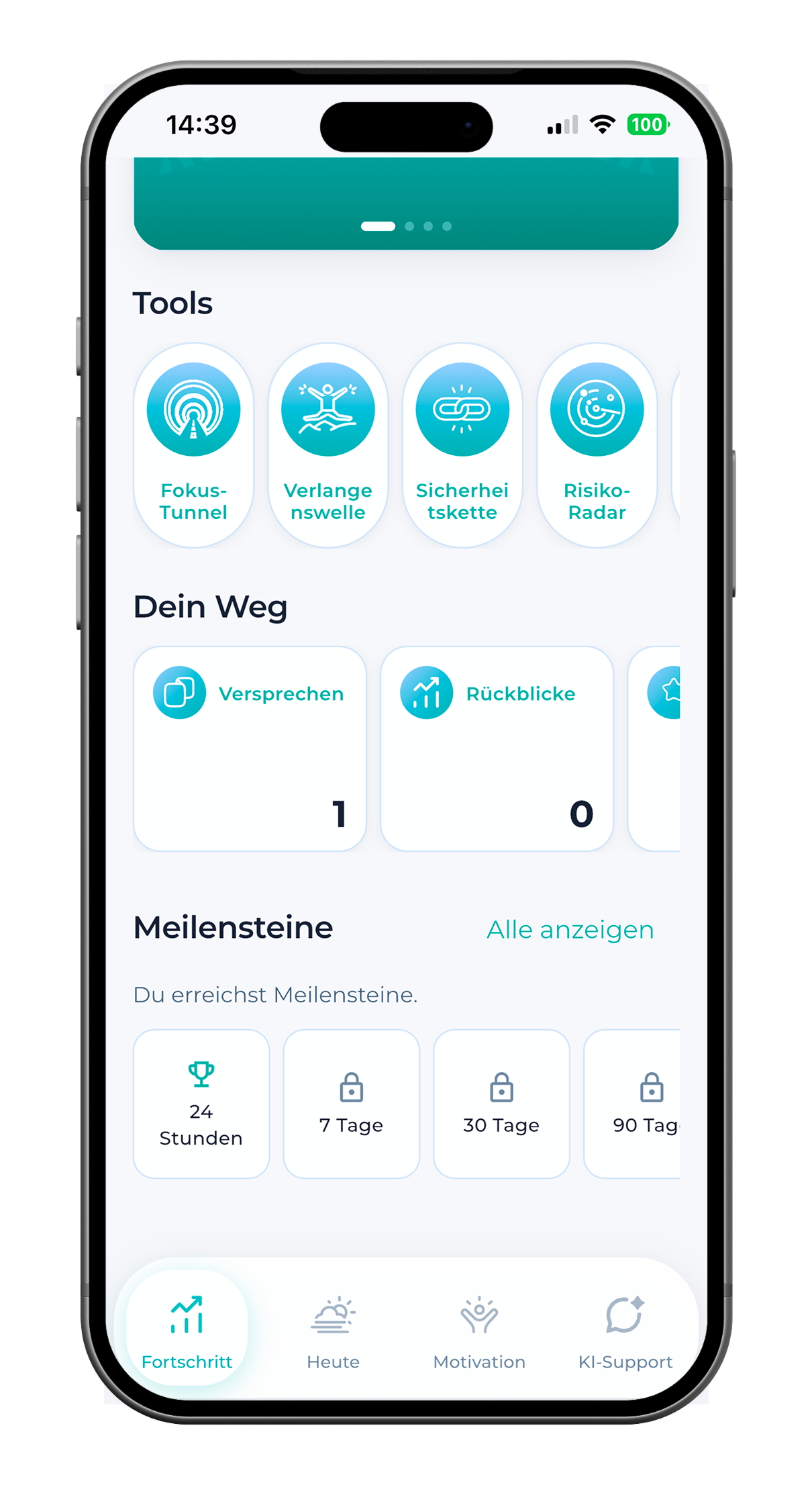SoberX Fortschritt‑Register mit Kurz‑Tools, Bereich „Dein Weg“ und Meilensteinen.