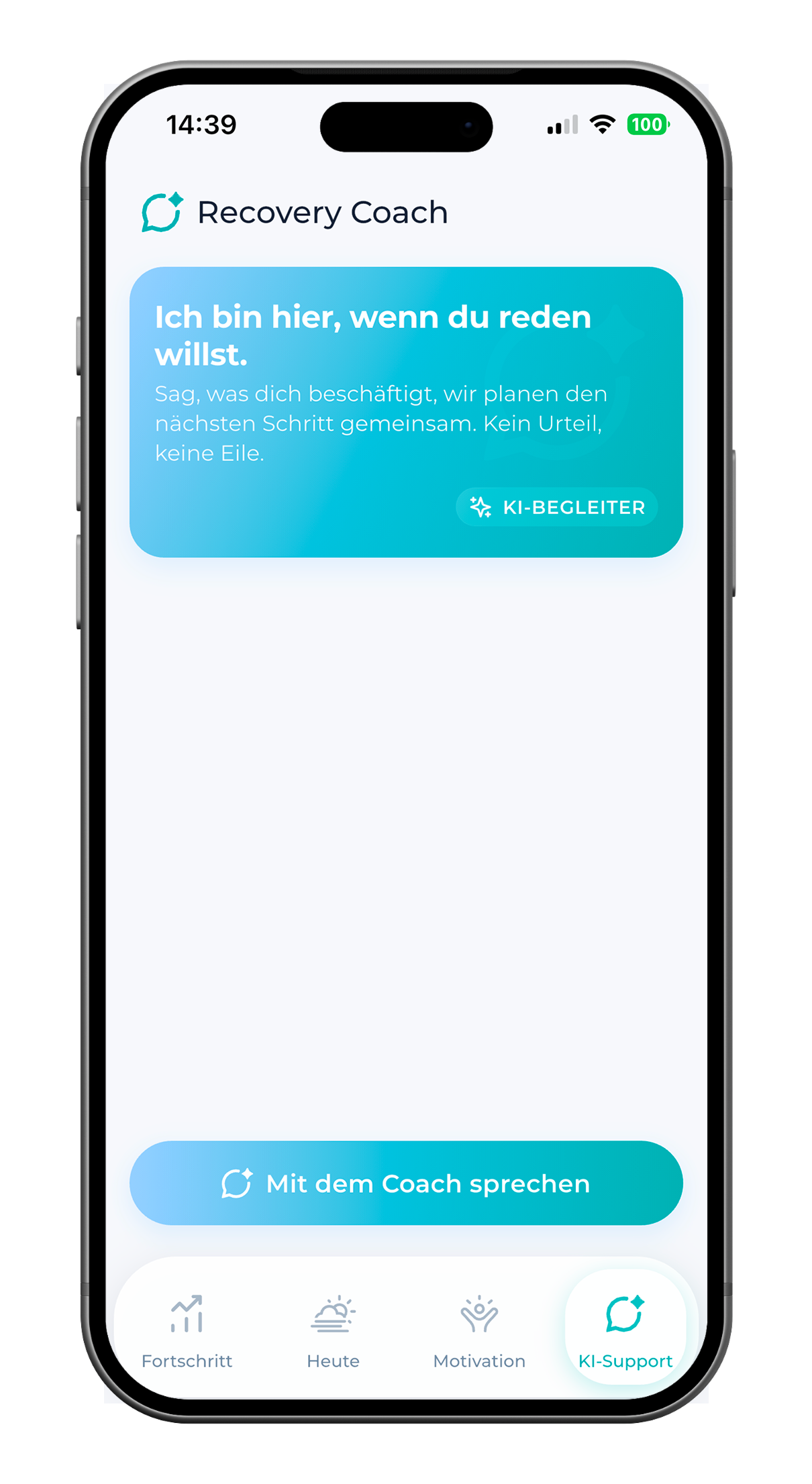 SoberX Recovery Coach unter KI‑Support mit Hinweis, mit dem Coach zu sprechen.