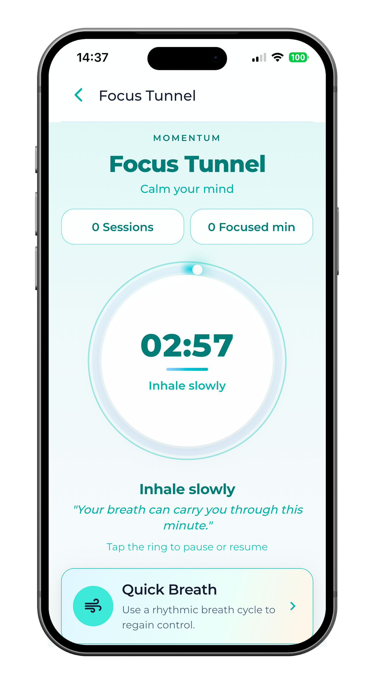 SoberX Focus Tunnel breathing timer with session stats.