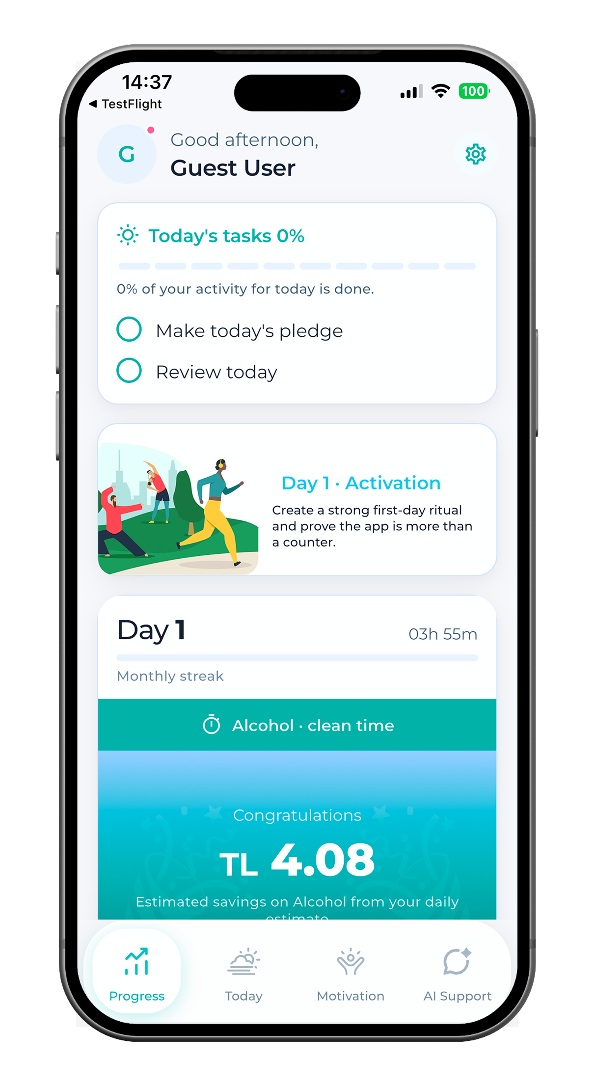 SoberX Progress home with today’s tasks, day-one card, clean time, and savings highlights.