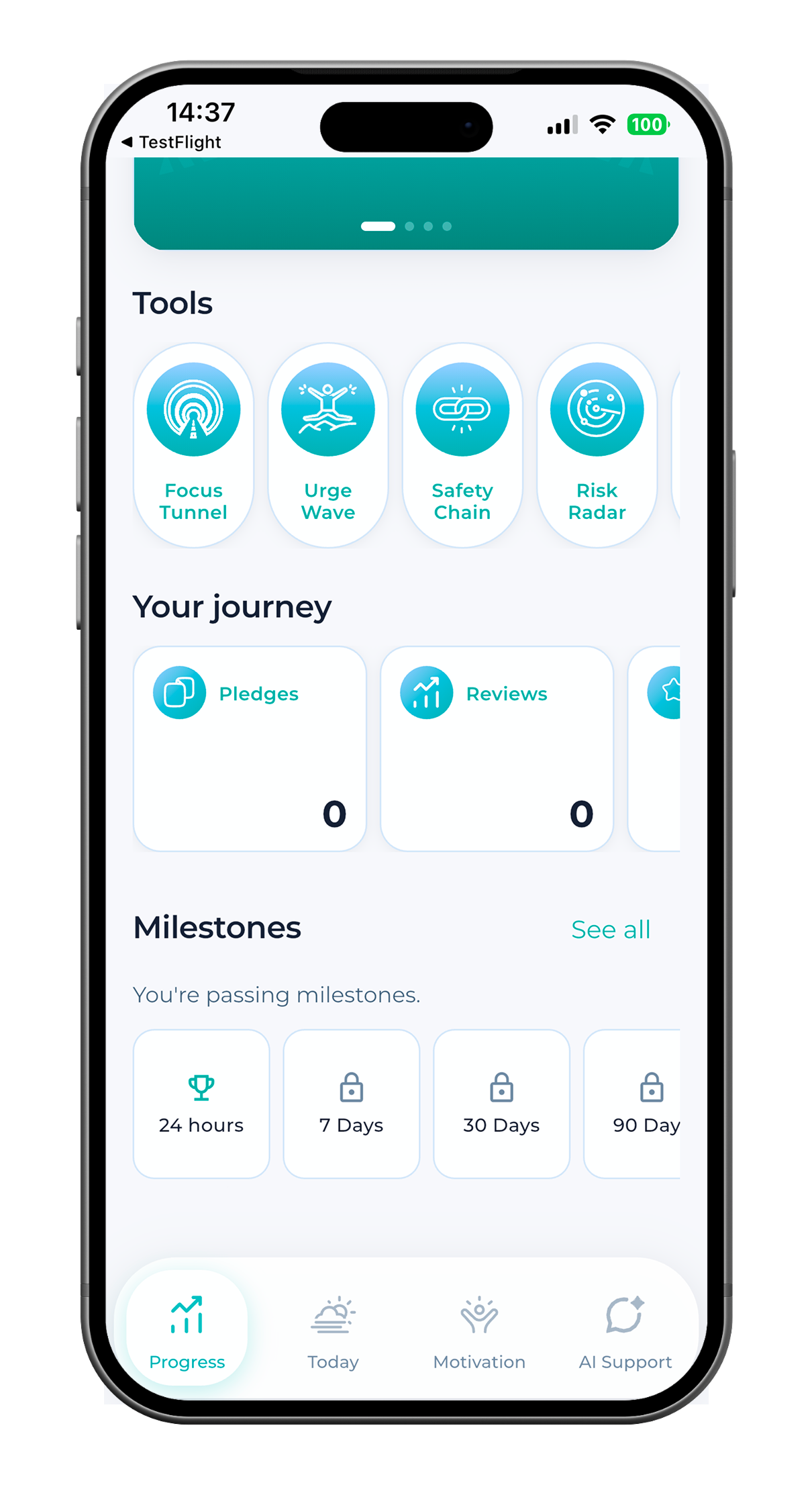 SoberX Progress tab with tool shortcuts, journey stats, and milestones.