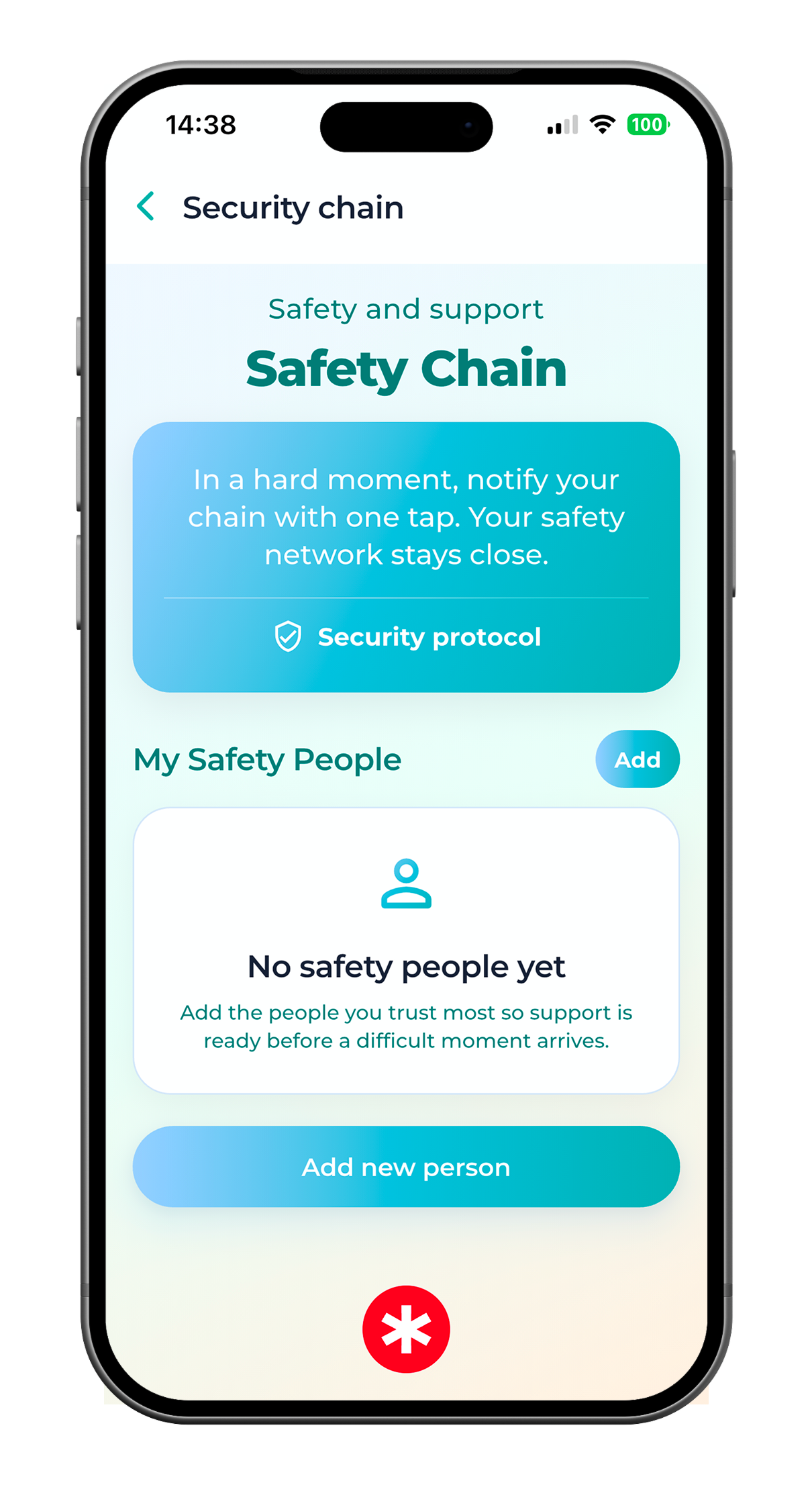 SoberX Safety Chain screen for trusted contacts and crisis support.