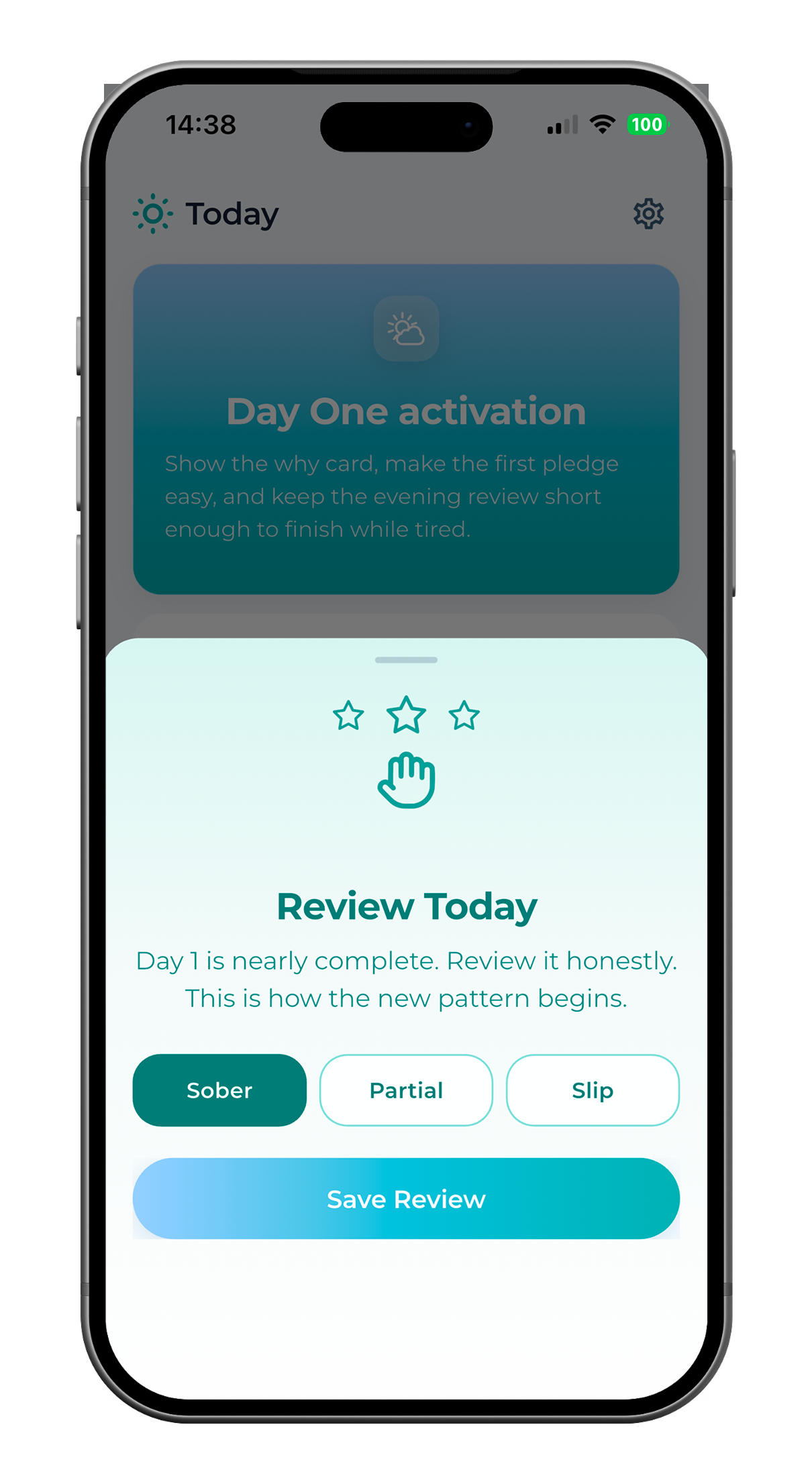SoberX Today tab with the Review Today sheet to log sober, partial, or slip and save.