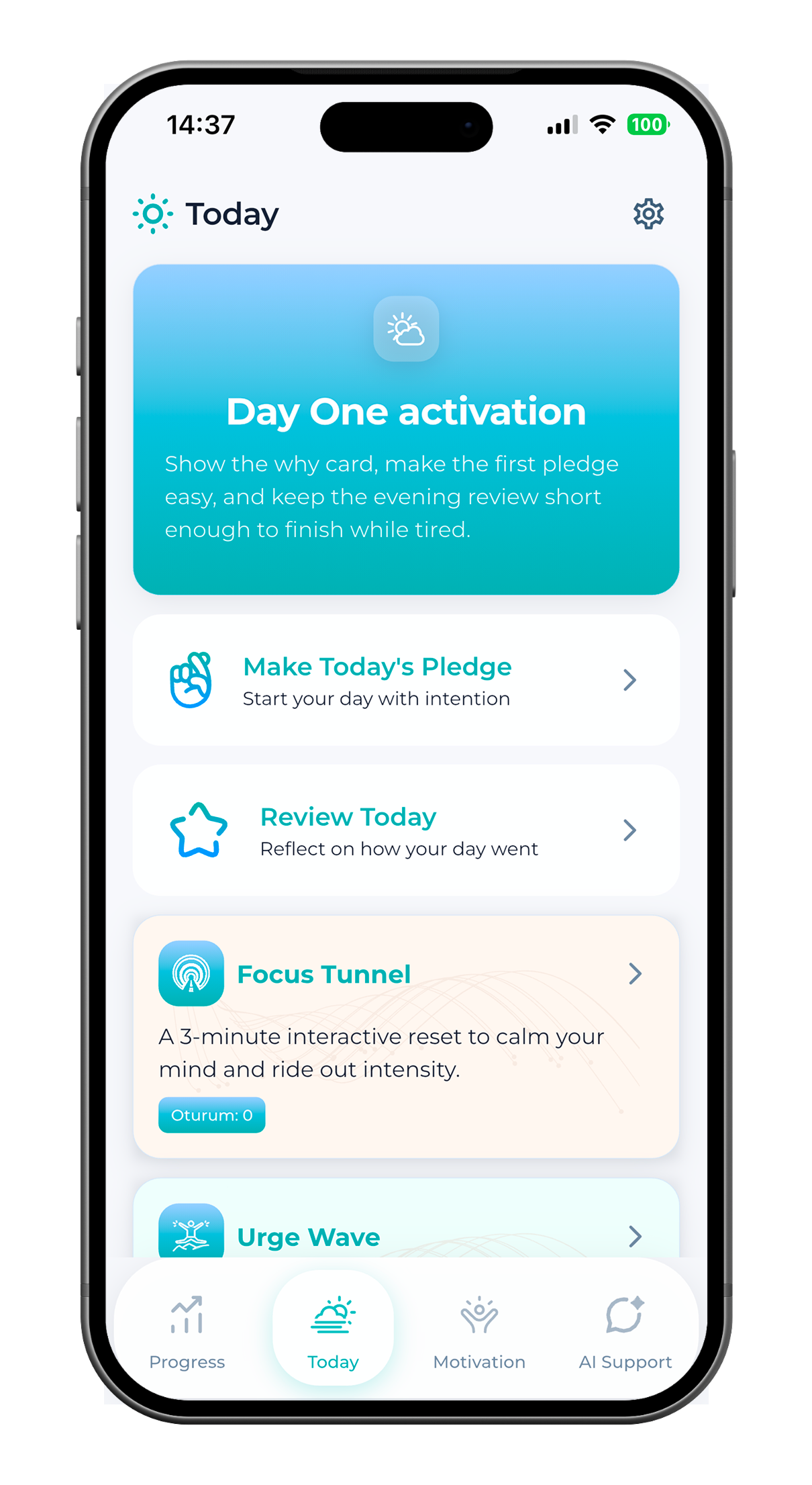 SoberX Today tab with first-day activation, pledge, evening review, and focus tools.