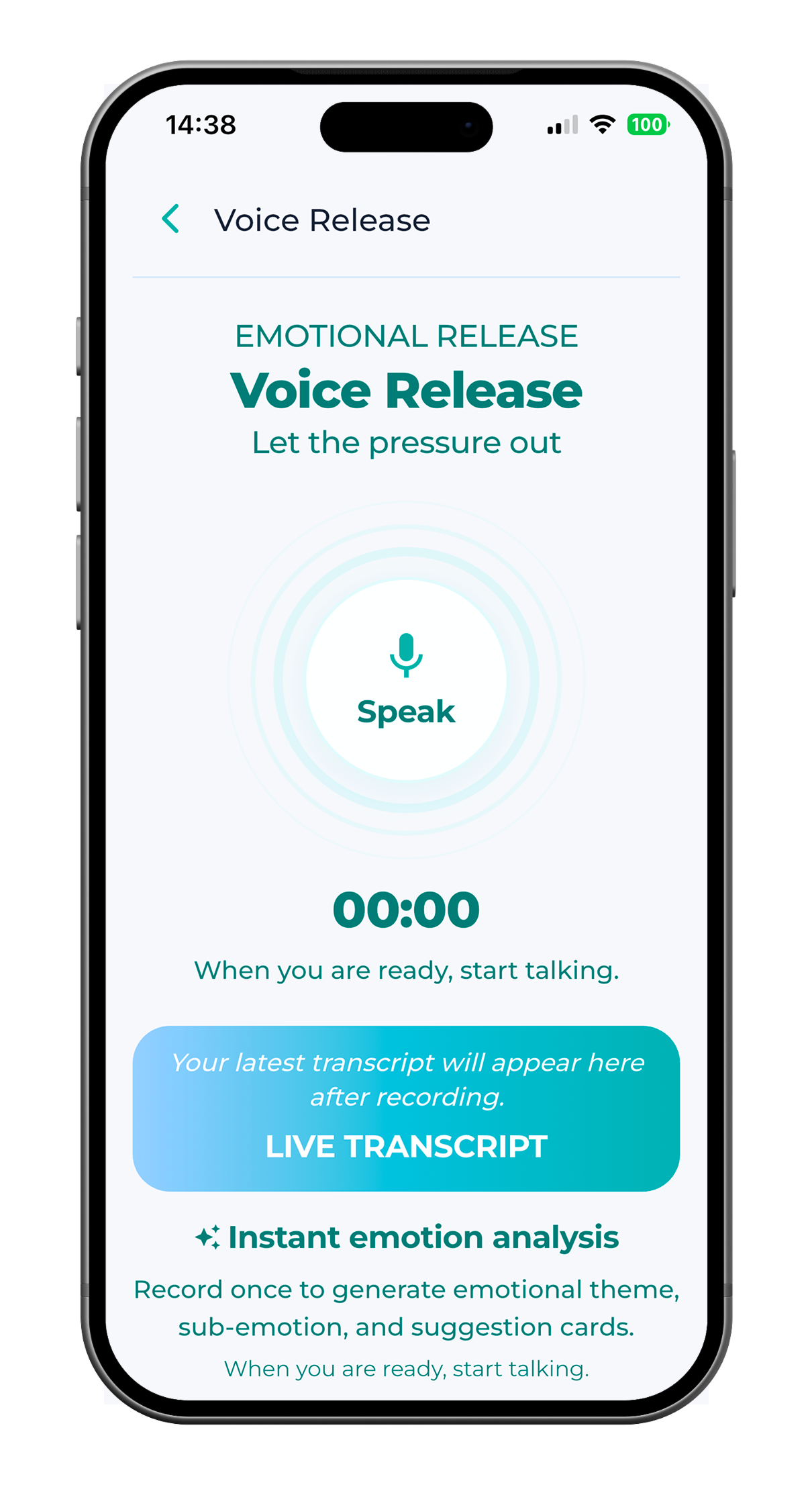 SoberX Voice Release with microphone, timer, and live transcript area.