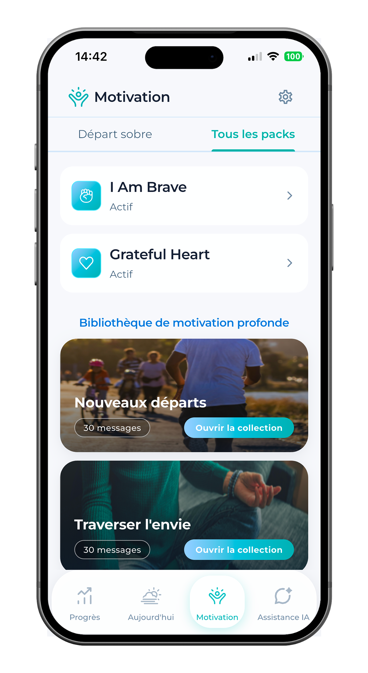 SoberX Motivation avec packs actifs et bibliothèque de motivation profonde.