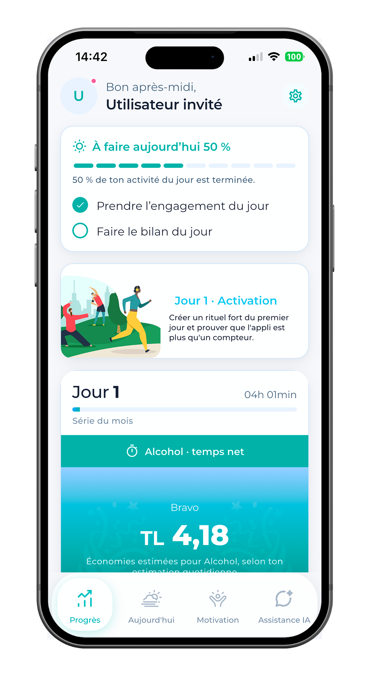 SoberX accueil Progrès avec tâches du jour, carte jour 1, temps net et économies.