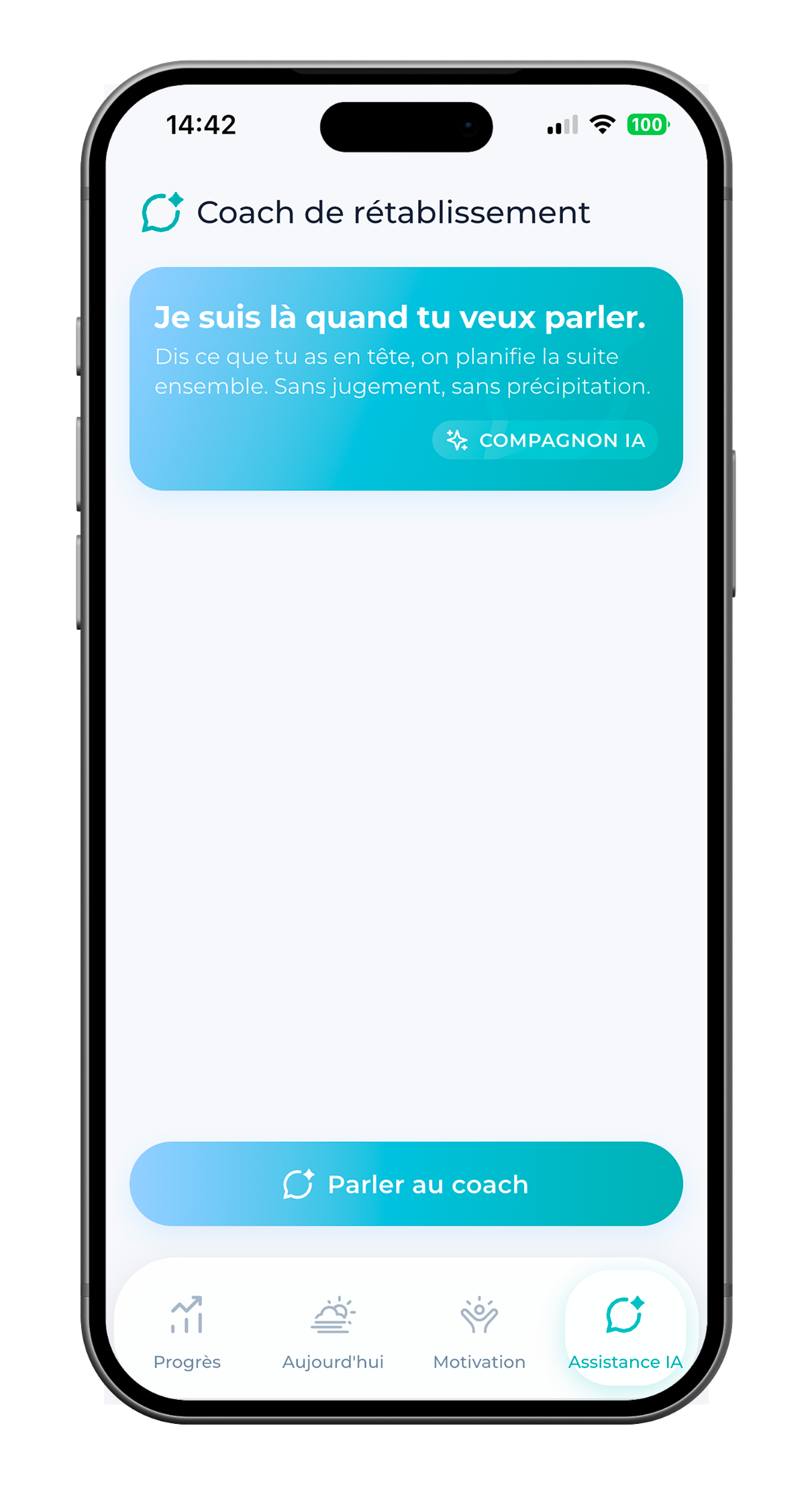 SoberX Coach de rétablissement sous Assistance IA avec appel pour parler au coach.