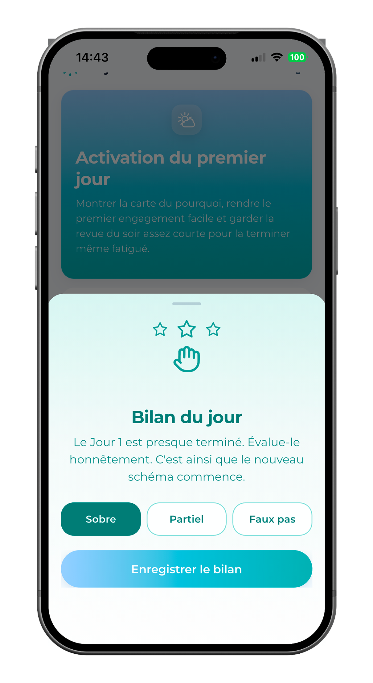 SoberX écran du jour avec le bilan du soir pour enregistrer sobre, partiel ou faux pas.
