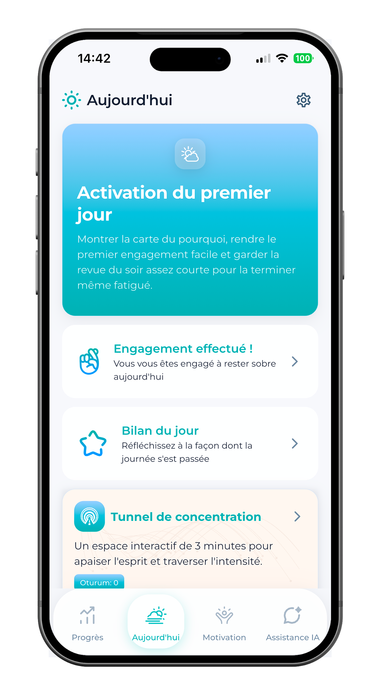 SoberX Aujourd’hui avec activation du jour 1, engagement, bilan du soir et tunnel de concentration.