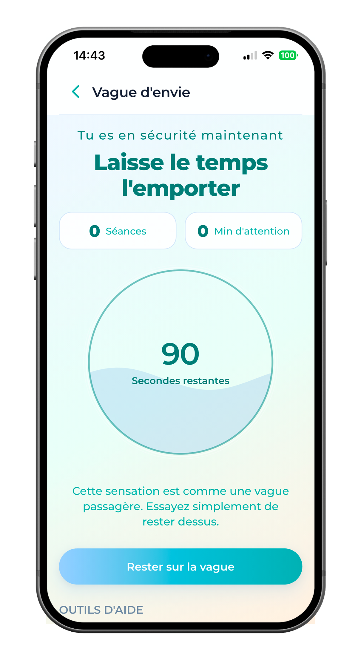 SoberX Vague d’envie avec minuteur quatre‑vingt‑dix secondes et bouton pour rester sur la vague.